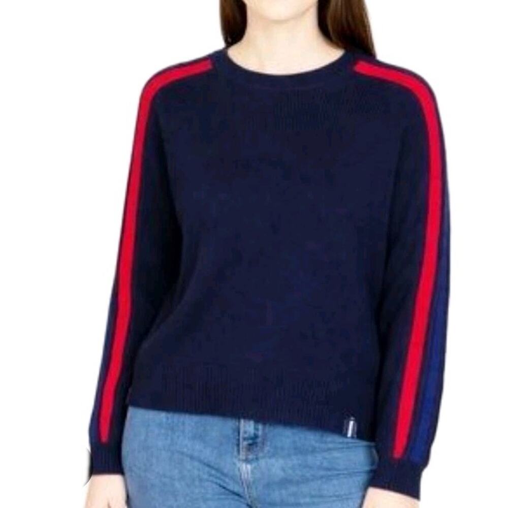 court & rowe $89 women Red stripe sleeve pullover Navy sweater Size Small